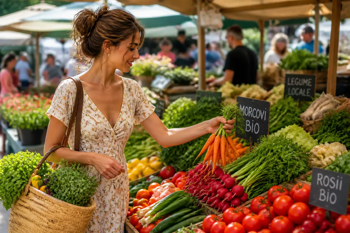 cumpărături alimente bio piață locală vară