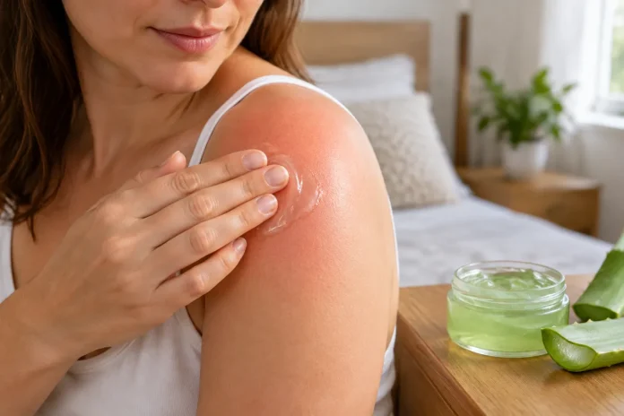 Aloe vera pe pielea afectată de soare fără iritații suplimentare Aloe vera pe pielea afectată de soare fără iritații suplimentare